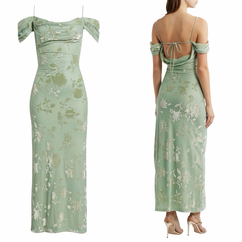 Princess Polly Green Gables Burnout Off the Shoulder Maxi Dress US 6 AU 10 NEW
